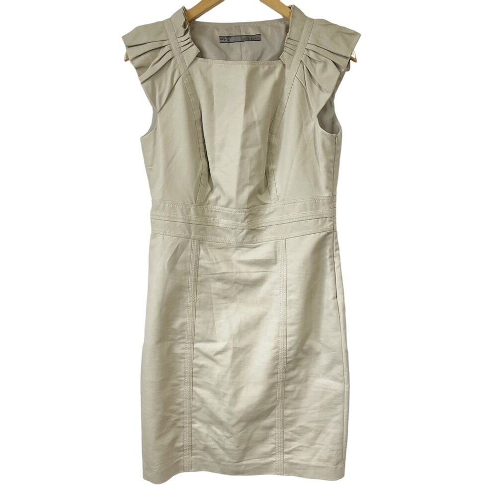 Zara Beige Sheath Dress Size Medium Pleated‎ Sleeves